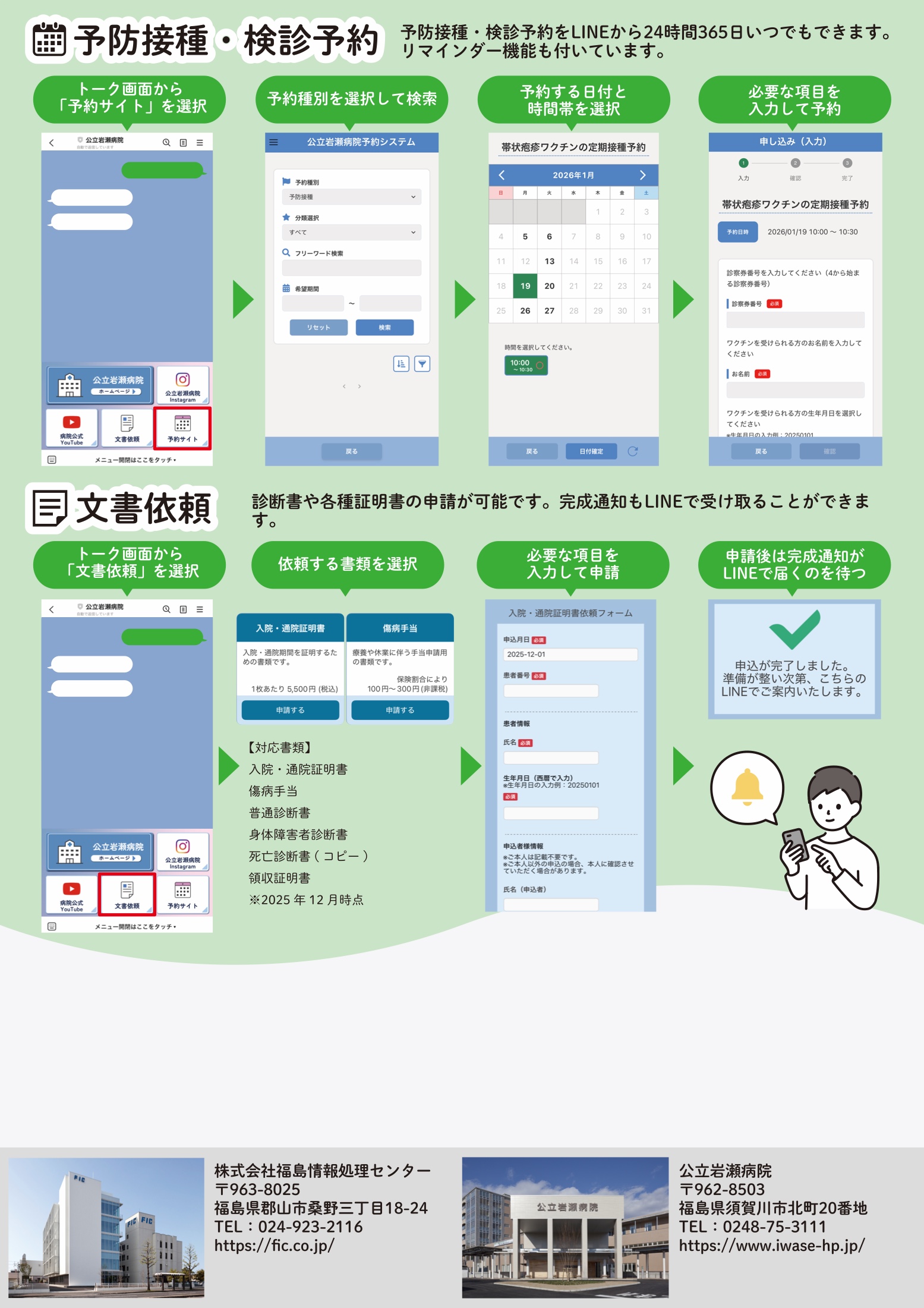 予防接種・検診予約と文書依頼の操作イメージ
